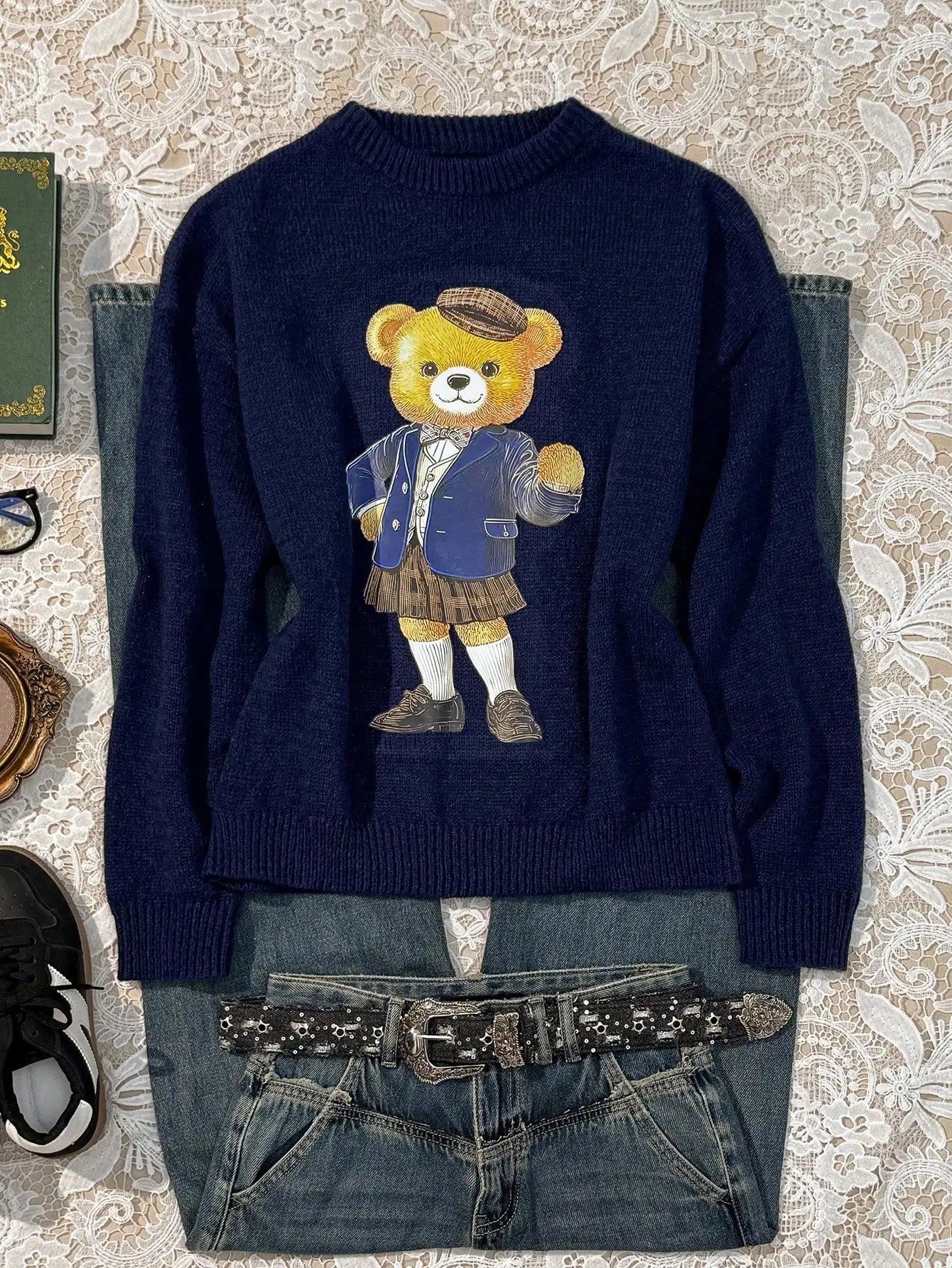 Navy Blue Collegiate Bear Print Pullover Sweater for Women, Autumn Winter Casual Style