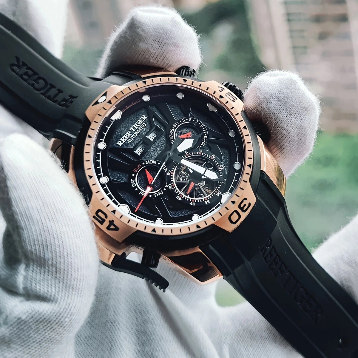 reef tiger Men's Mechanical Watch, Fully automatic multi-functional dual calendar Business men's watch, Men's clock RGA3532