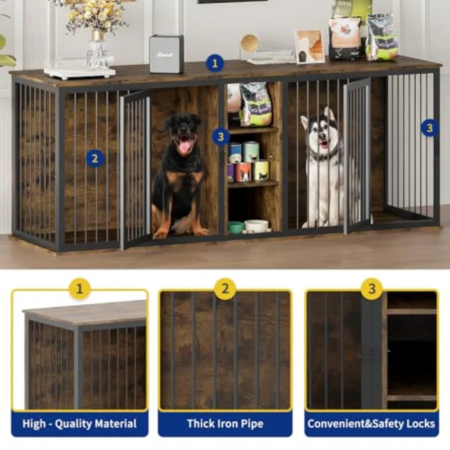 Dog Crate Furniture Indoor for 2 Dogs 79'' Farmhouse Steel Frame Wooden Dog Kennel with Adjustable Division Board and Sliding D