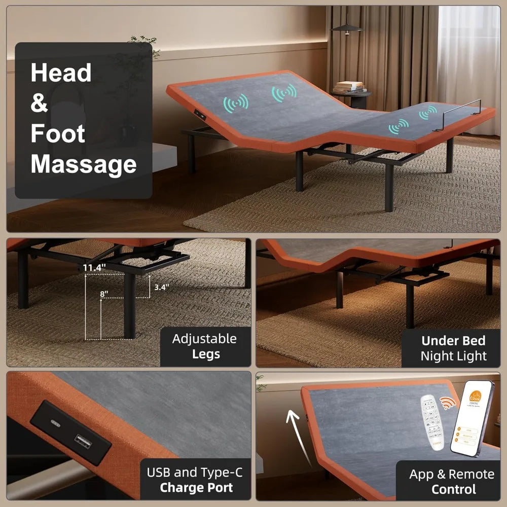 Adjustable Bed Frame - Bed Base with Massage, Pillow-tilt, Ergonomic Incline, Zero Gravity, Dual USB Port,Customized