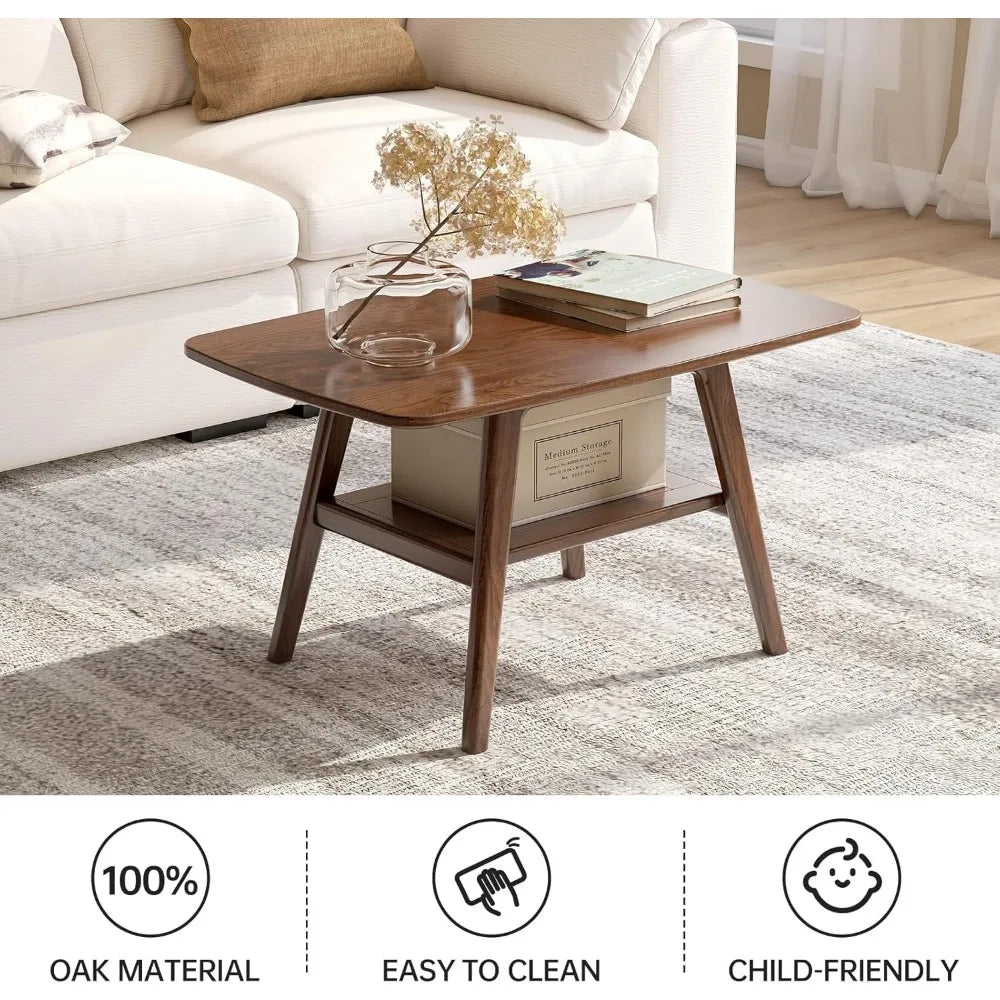 100% Solid Oak Wood Coffee Table for Living Room, 2-Tier Small Table with Storage Shelf, Mid Century Modern Coffee Tables (Walnu