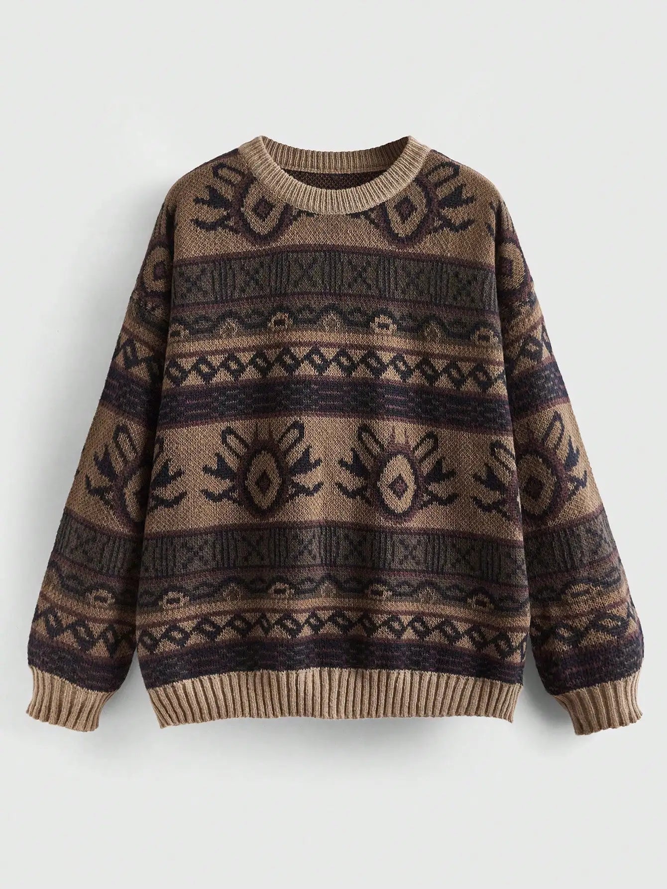 Boho Geo Pattern Drop Shoulder Knit Sweater for Women, Long Sleeve Fall Winter Top