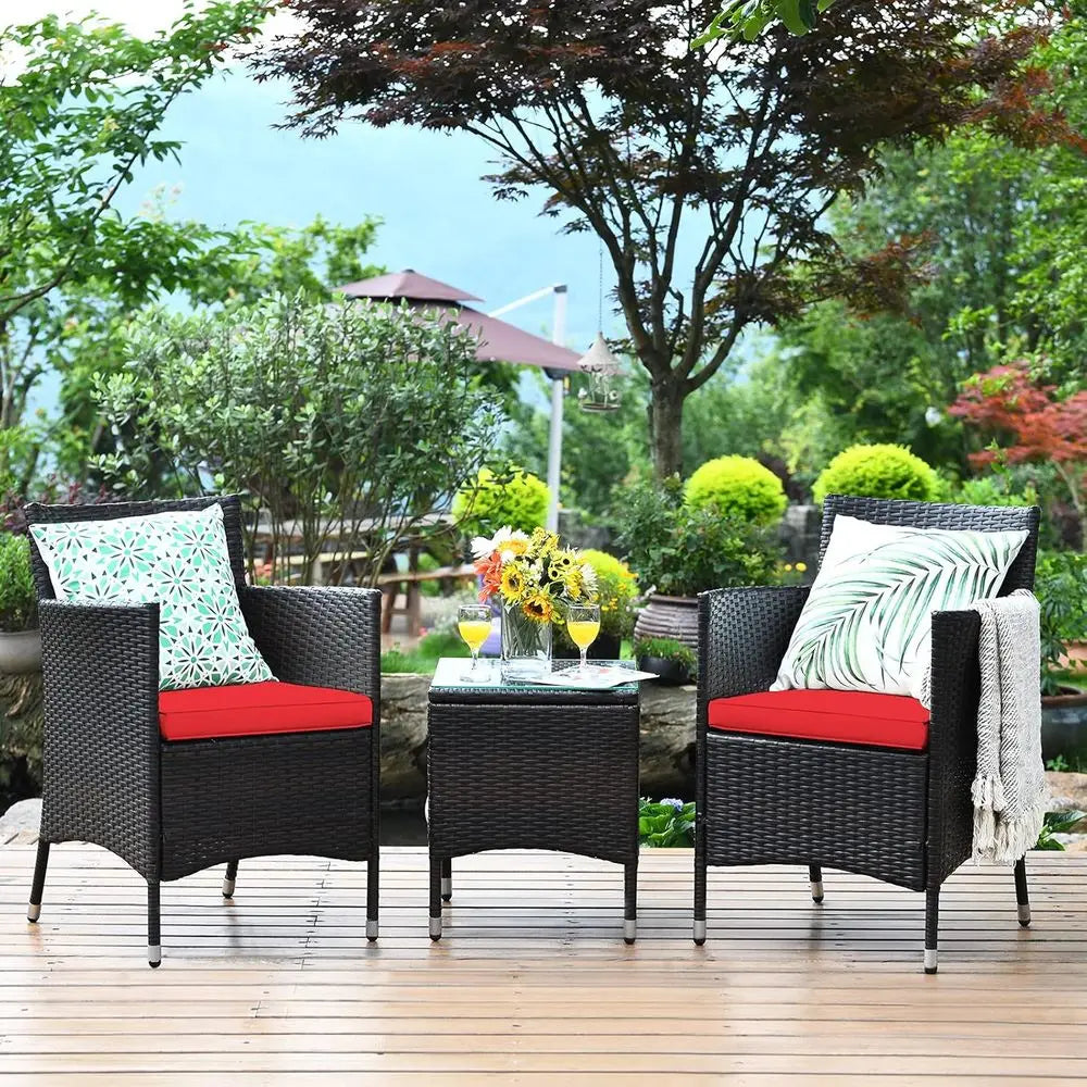 Red Outdoor Wicker Patio Furniture Set with Cushions, Tempered Glass Table for Backyard and Balcony