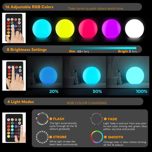 12-Inch LED Glowing Orb Light with Remote, Dimmable Rechargeable Floor Lamp, Waterproof Cordless Night Light for Home, Bedroom,