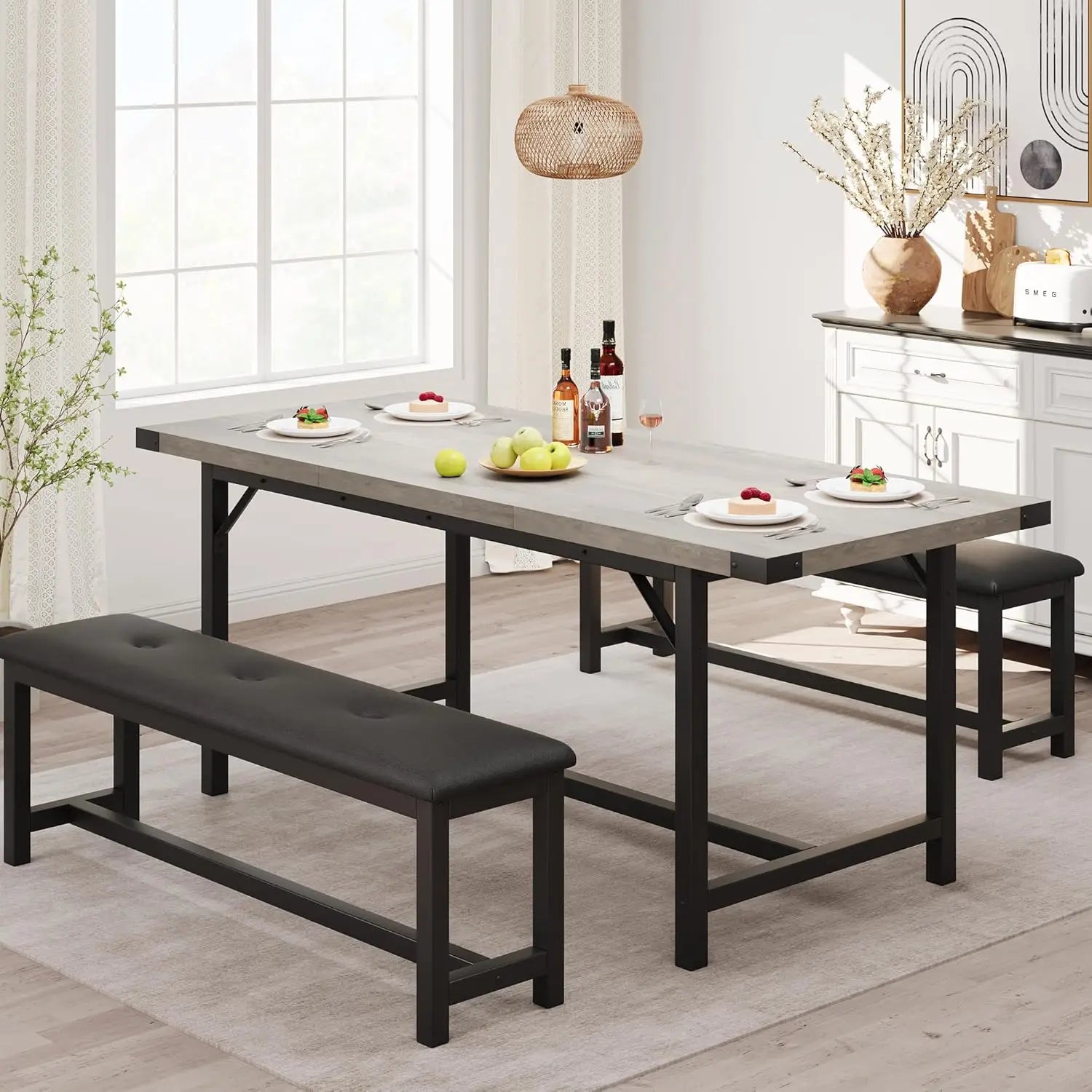 3-Piece Dining Table Set for 4-6 People, Extendable Kitchen Table Set with 2 Upholstered Benches, Dining Room Table, Customized