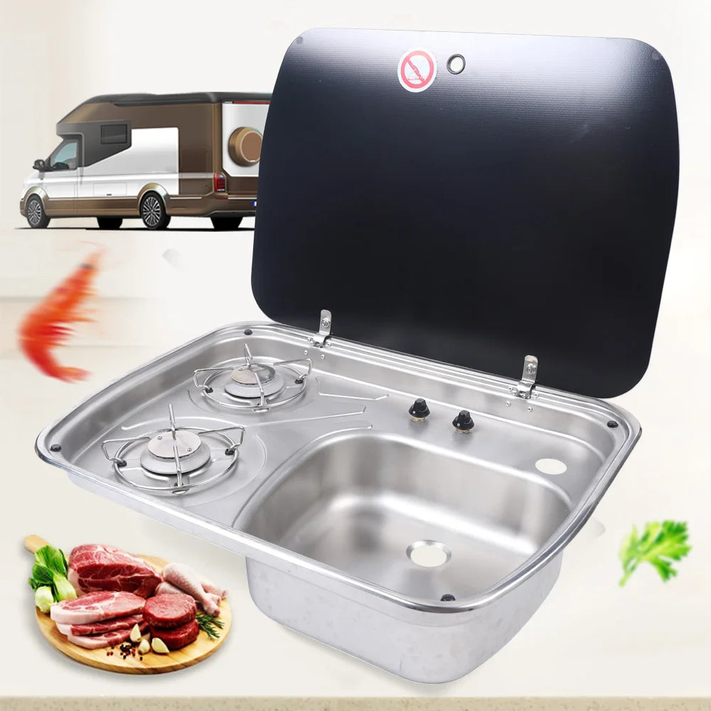 Boat Caravan Camper 2 Burner Gas Stove Hob and Sink Combo With Tempered Glass Lid Stainless Steel Hand Wash Basin RV Kitchen
