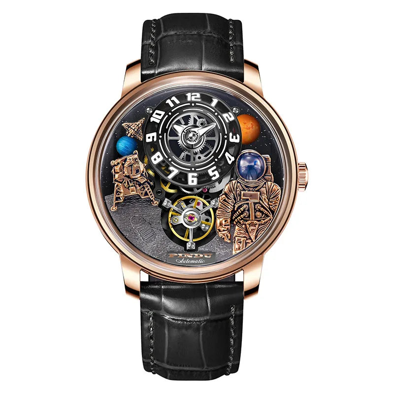 PINDU Watch Men Mechanical Watches W2101B Space Dial Astronaut Space Station Luminous Waterproof Men Watch Leather Strap P6630