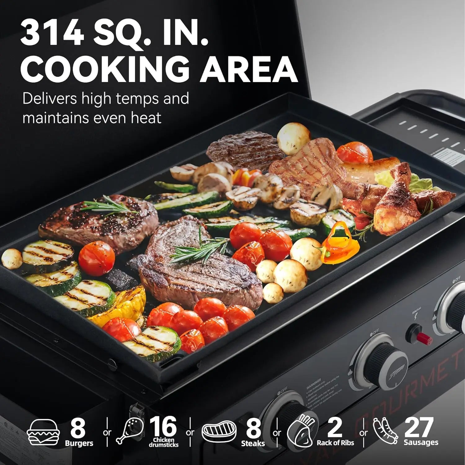 PD3001 3-Burner Propane Gas Griddle with Collapsible Stand, 23-Inch Portable Griddle with Side Table & 314 Sq. In. Cooking Area