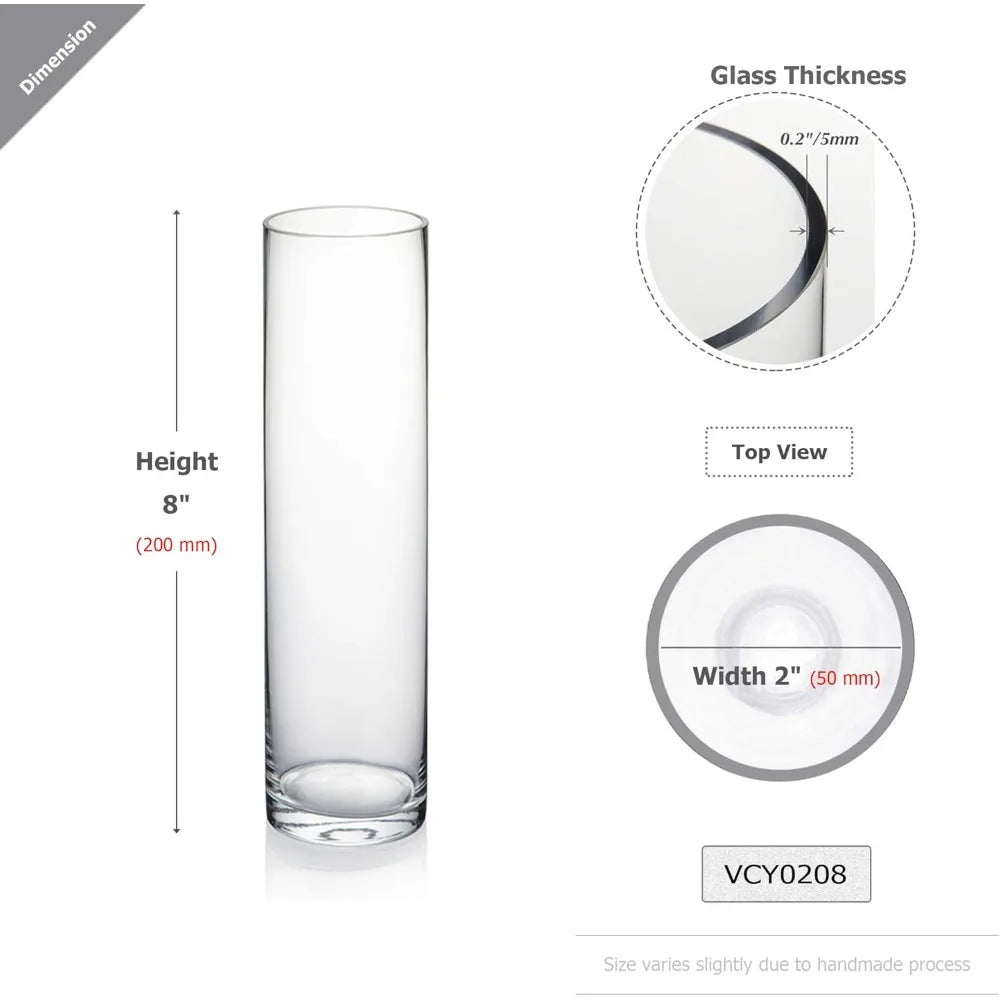 Clear Skinny Narrow Hurricane Vases for Wedding Centerpieces, Bulk Floral Containers, Height 8, Width 2, Ideal Standard Glass Cy