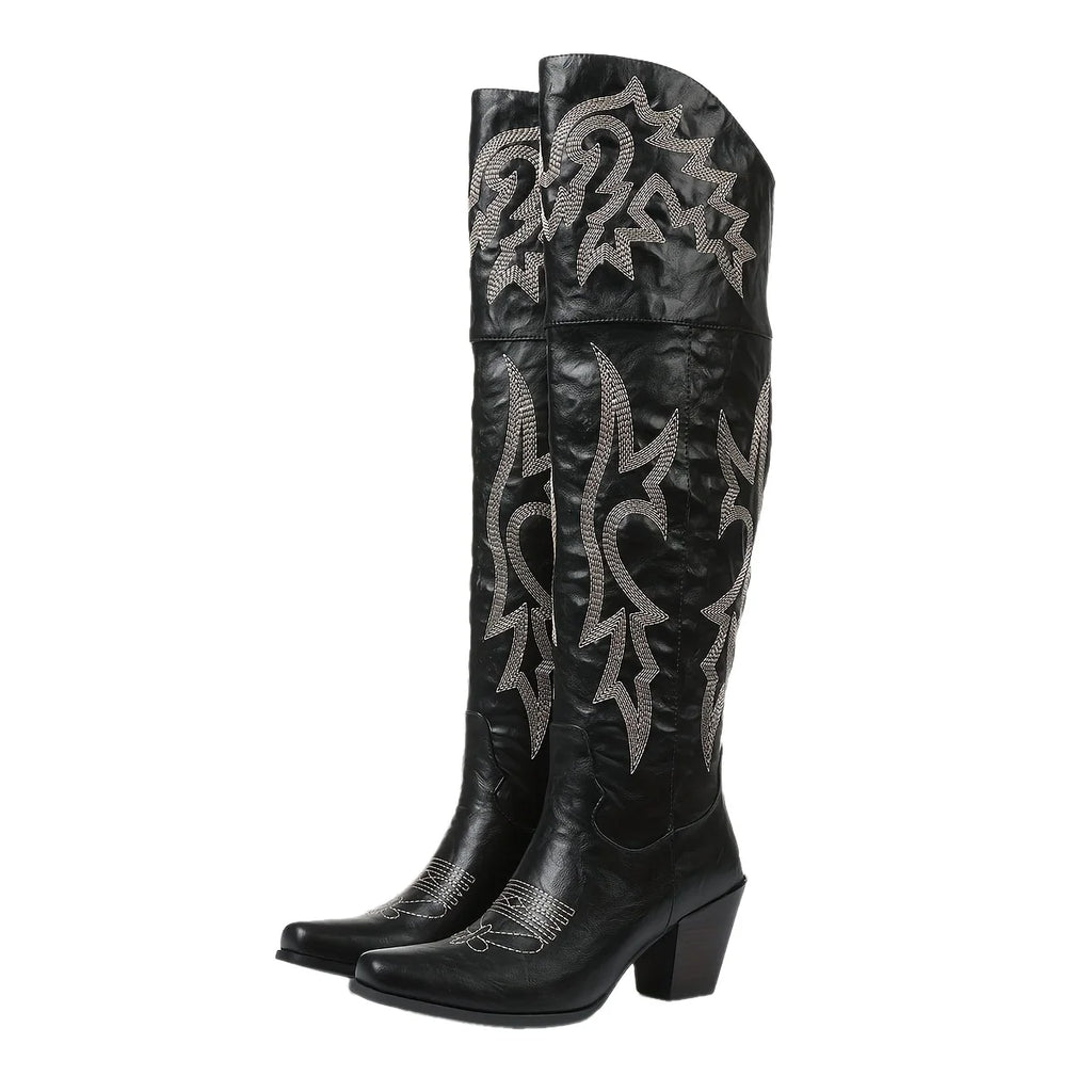 GIGIFOX Over the Knee Boots with Chunky Heel, Side Zipper Stylish Thigh High Cowboy Cowgirl Boots Ladies Outdoor Party Footwear
