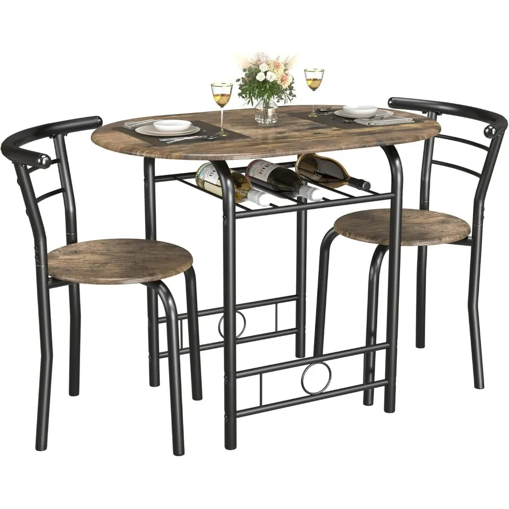 Wooden Round Table & Chair Set, Space Saving Kitchen Breakfast Nook Wood Grain Tabletop with Metal Frame