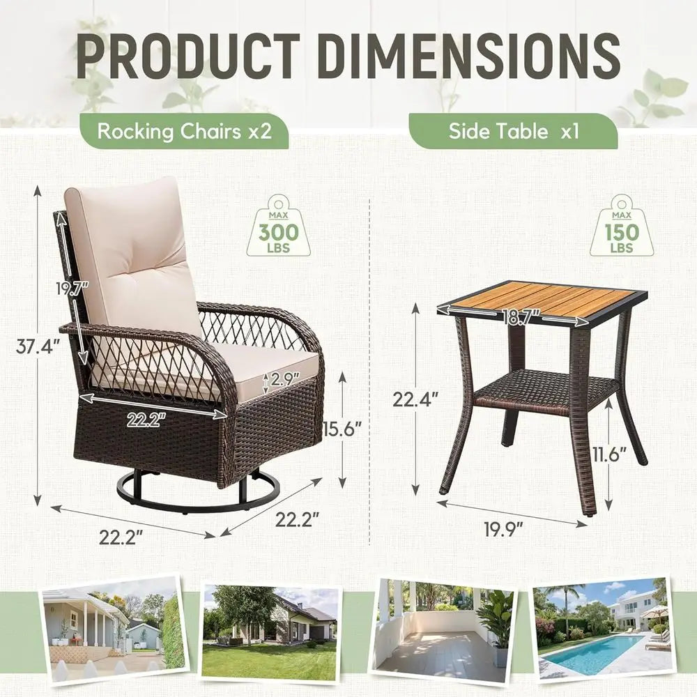 Luxury Brown/Beige Wicker 3-Piece Outdoor Swivel Rocker Set with Side Table and Cushions
