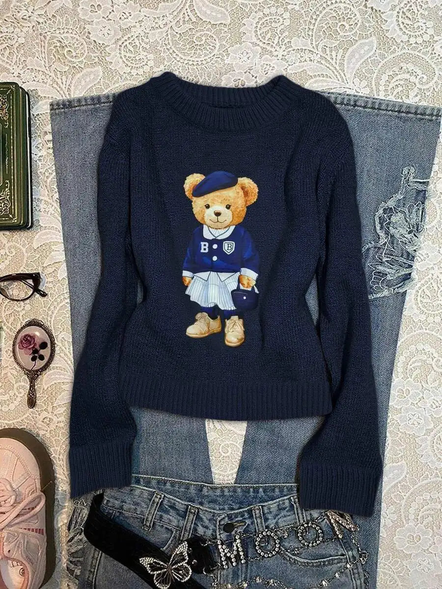 Navy Blue Collegiate Bear Print Pullover Sweater for Women, Autumn Winter Casual Style