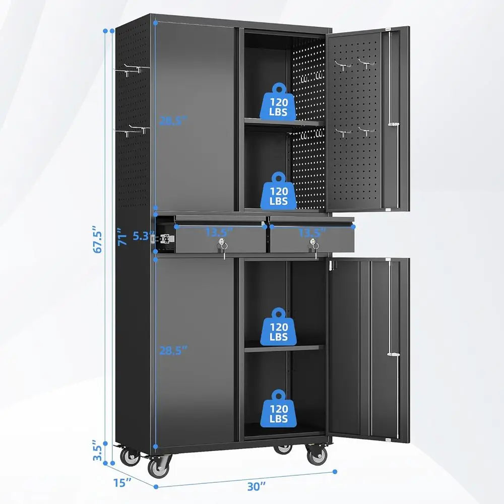 Portable 2-Drawer Metal Storage Cabinet with Adjustable Shelves, Lockable Rolling Tool Chest for Garage and Workshop