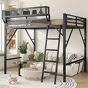 Queen Size Loft Bed with Stairs and Storage, Metal Loft Bed Frame with Bedside Shelf and Large Under-Bed Space, Heavy-Duty Beds