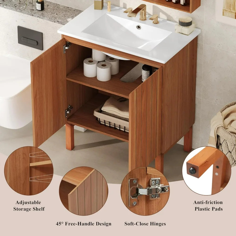 Bathroom Vanity with Sink and Wooden Organizer featuring Adjustable Shelves and Soft-Close Doors