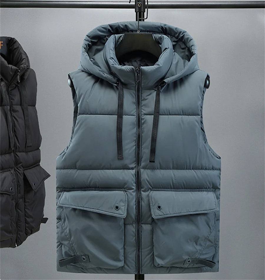 Men's Hooded Vest Winter Zipper Warm Stand Collar Waistcoat Men Cotton Padded Sleeveless Jackets with Big Pockets 2025