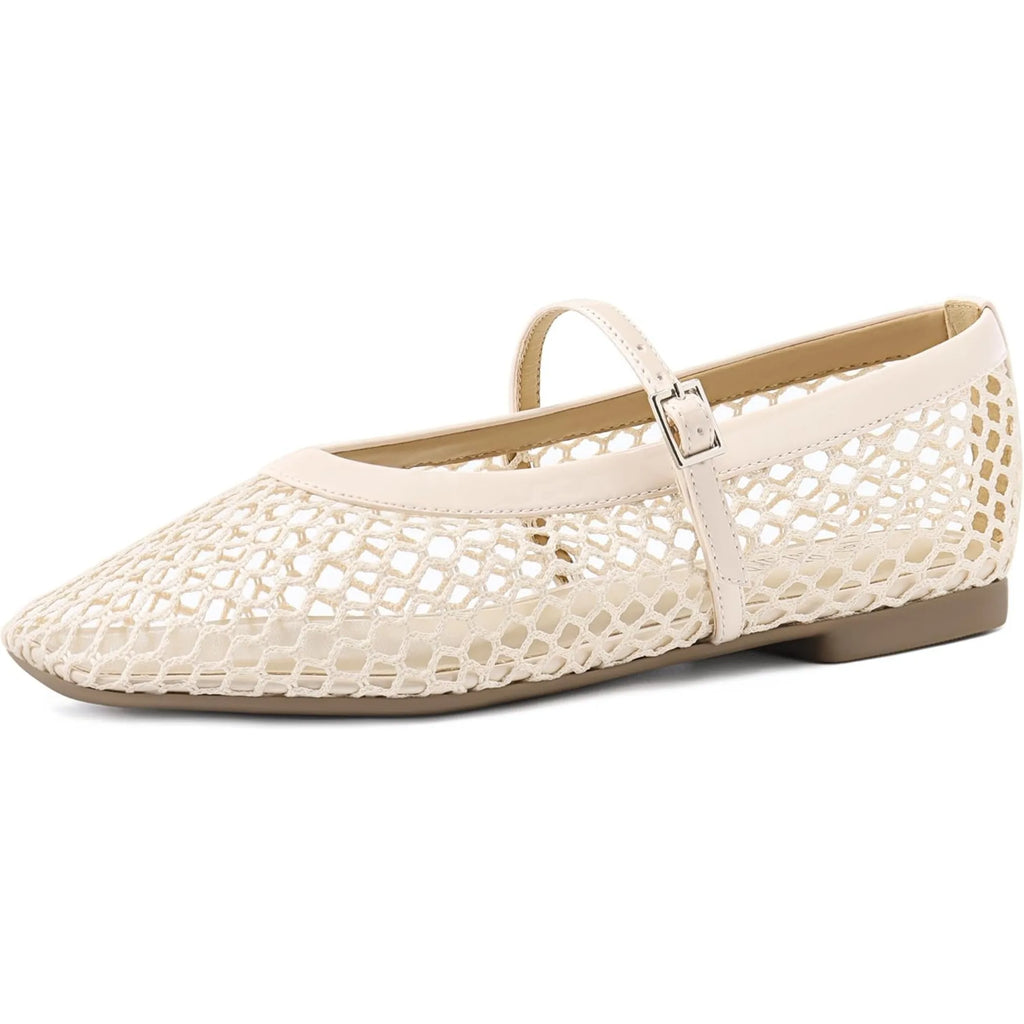 Women‘s Mesh Ballet Flats Comfortable Square Toe Ballerina Flats Buckle Strap Casual Fishnet Flat Shoes