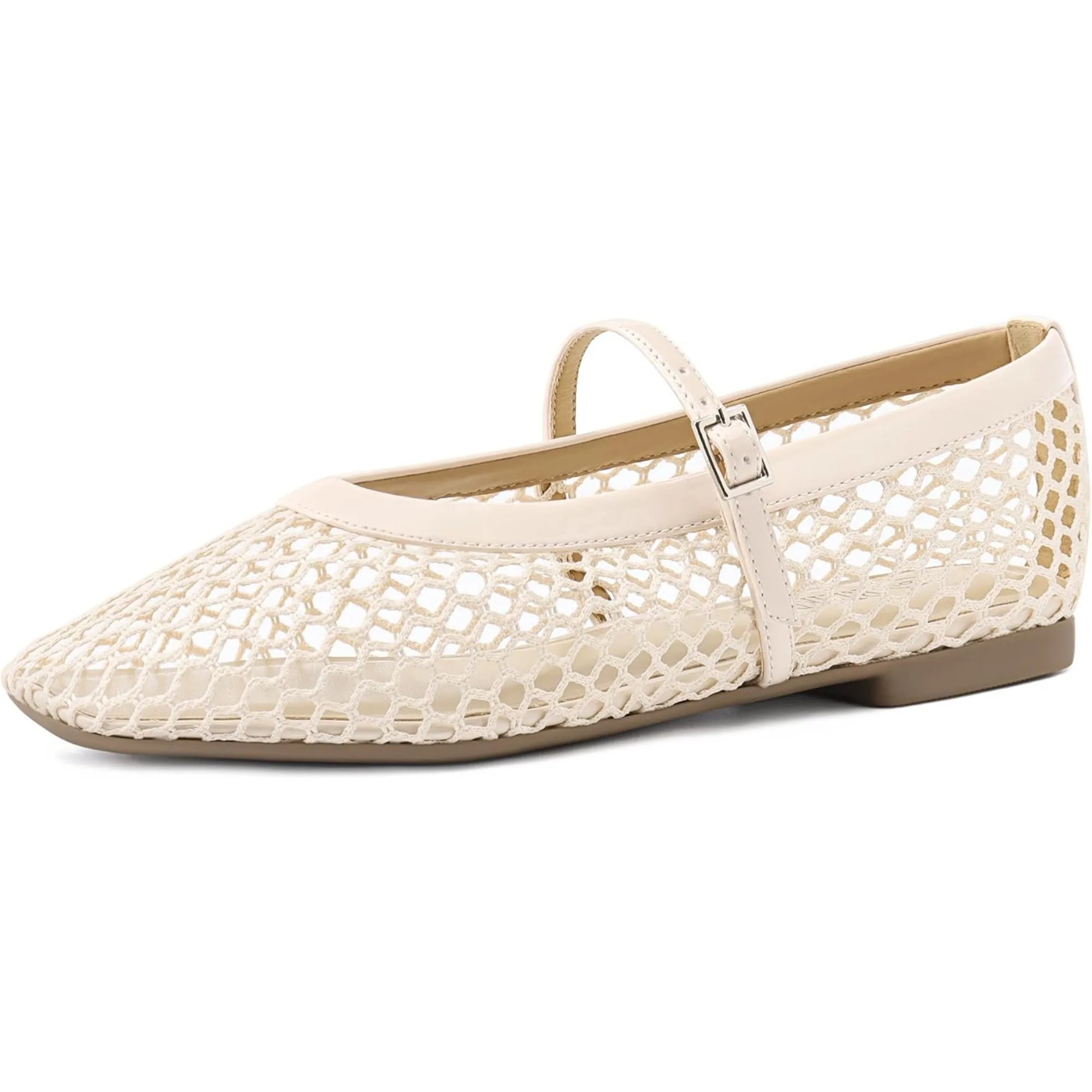 Women‘s Mesh Ballet Flats Comfortable Square Toe Ballerina Flats Buckle Strap Casual Fishnet Flat Shoes