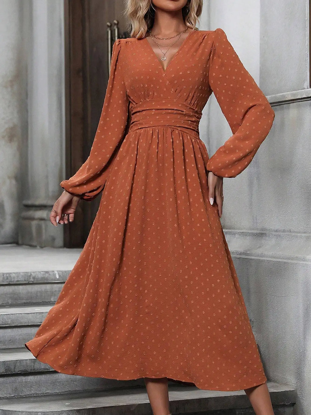 Rustic Orange Swiss Dot Surplice Neck Lantern Sleeve Ruched Waist Asymmetrical Midi Dress for Women