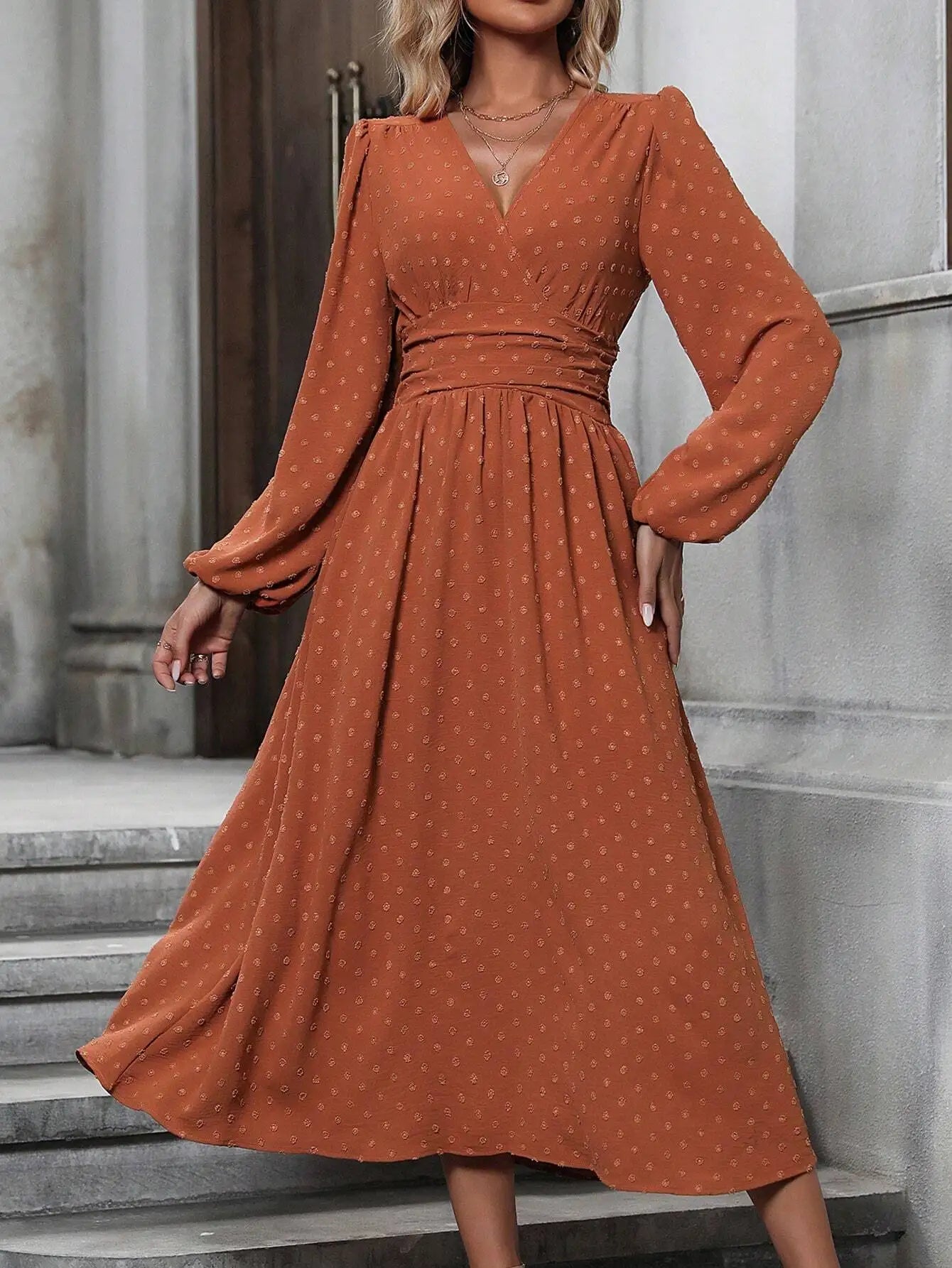 Rustic Orange Swiss Dot Surplice Neck Lantern Sleeve Ruched Waist Asymmetrical Midi Dress for Women