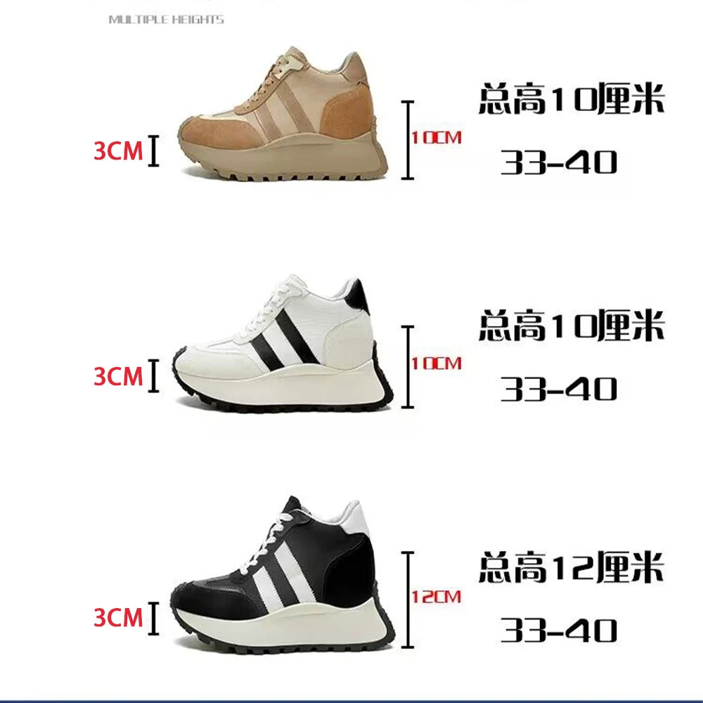 12cm Platform Shoes Women Height Increasing Sneaker Genuine Leather Sports Shoes 10cm Elevator Shoes Female German Army Trainer