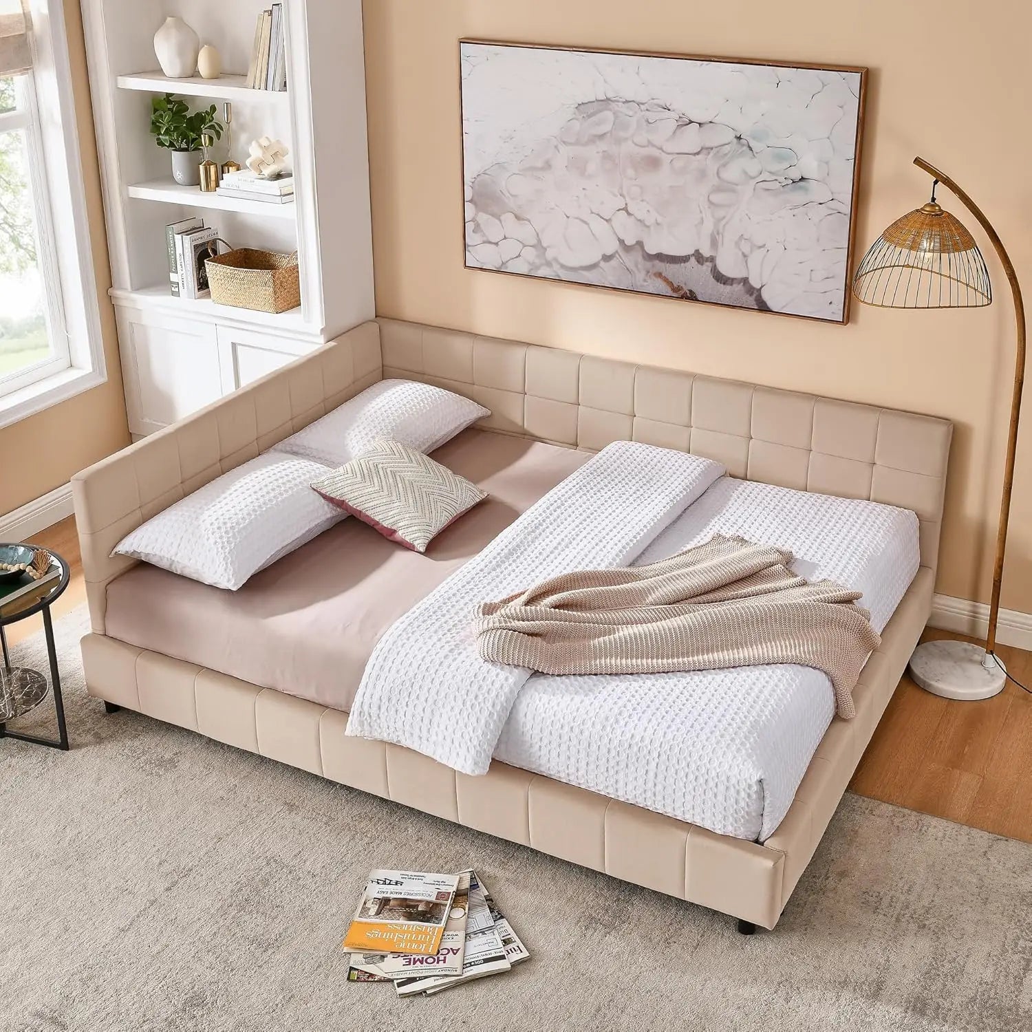 SOFTSEA Queen Size Upholstered Corner Daybed, Modern L-Shaped Daybed with Tufted Backrest, Velvet Corner Bed Floor Bed Frame wit