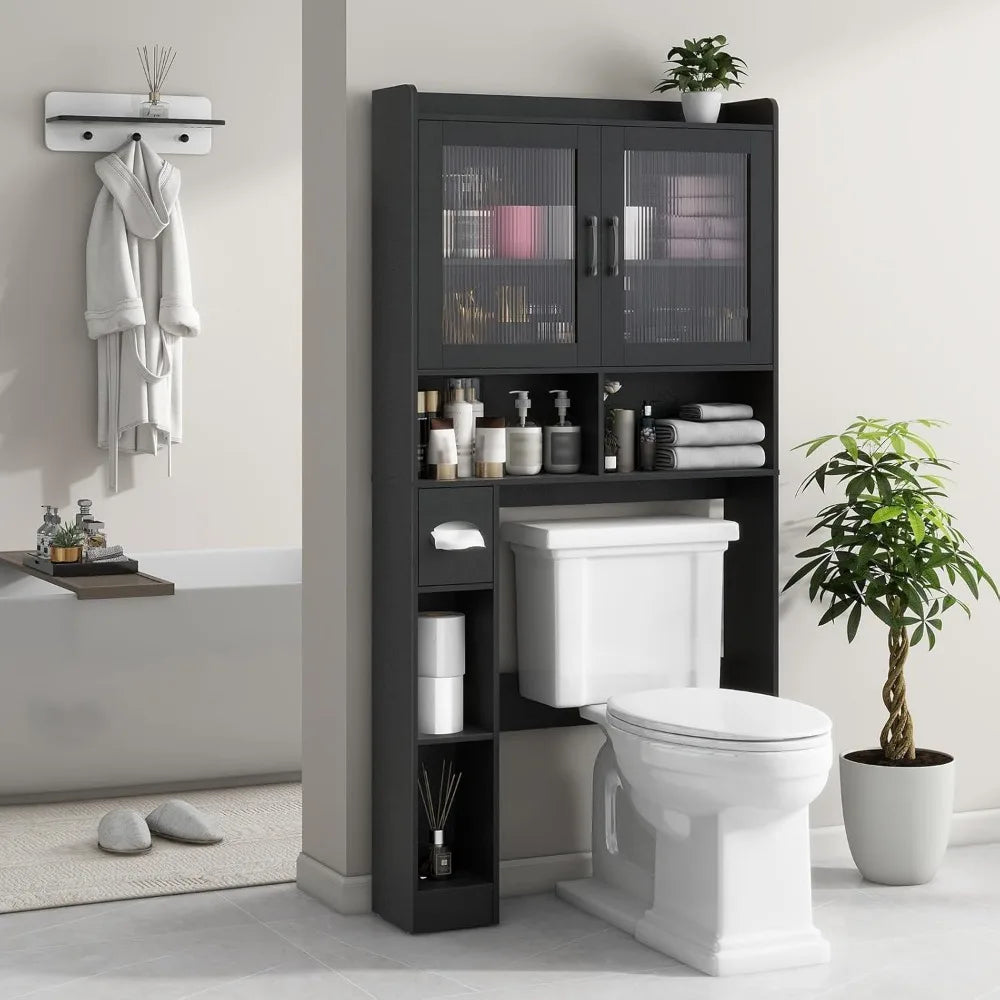 Farmhouse Style Over-the-Toilet Storage Cabinet with 2 Acrylic Wave Doors for Space-Saving Bathroom Storage