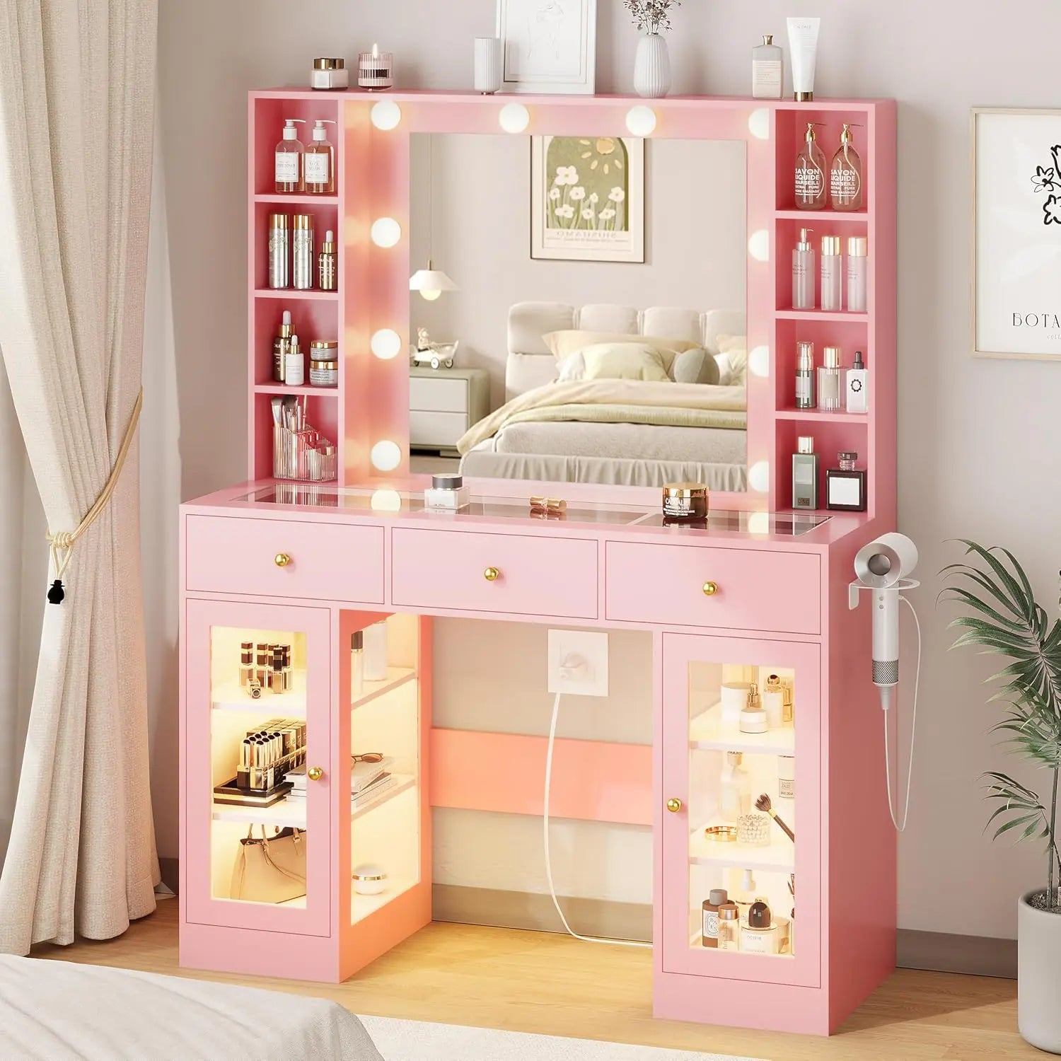 Purple Vanity Desk with Mirror and Lights, Glass Top Vanity with Lighted Mirror & RGB Glass Cabinet and 3 Drawers, Makeup Desk w