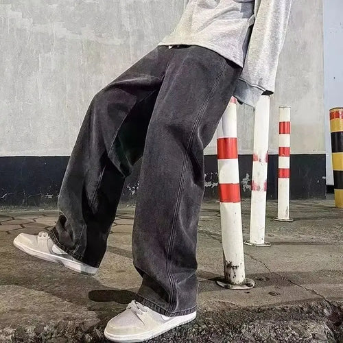 2022 New Streetwear Loose Jeans Men Korean Style Fashion Loose Straight Wide Leg Pants Men's Brand Clothing Black Light Blue