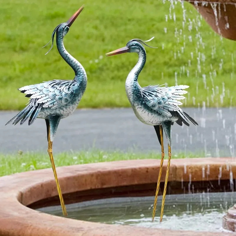 Outdoor Heron Sculpture Set of 2, Large Metal Crane Statues for Lawn & Garden Art
