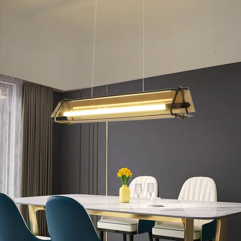 Glass Dining Table Island Pendant Lamp Modern Design New Minimalist LED Amber Suspension Kitchen Lighting Fixture Decor
