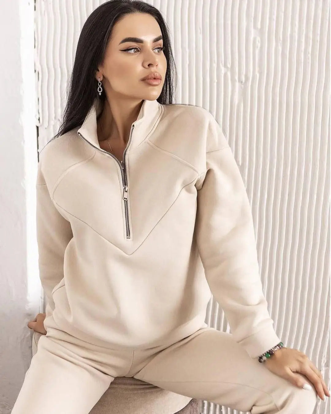 Sports Suit Zippered Solid Color Long-sleeved Winter Pullover Sweatshirt Set With Leggings Trousers Sets Womens Two Piece Outfit