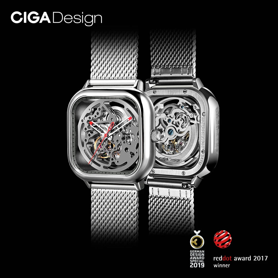 CIGA Design Mechanical Skeleton Watch for Men Women 316L Stainless Steel Square Case Automatic Movement Wrist Watches Timepiece