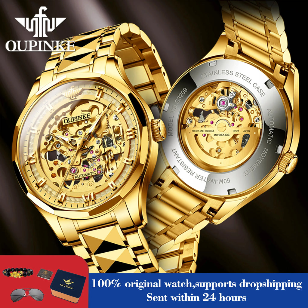 OUPINKE 3209 Men Automatic Watches Top Brand Hollow Skeleton Mechanical Watch For Men Luxury Waterproof Luminous Male Hand Clock