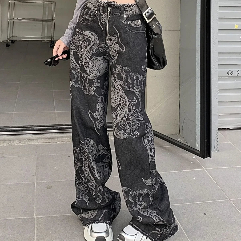 Trendy New Design Sensible Wide-Leg Jeans With Dragon Print For Men And Women Loose-Fit Slimming Harem Pants Fashionable