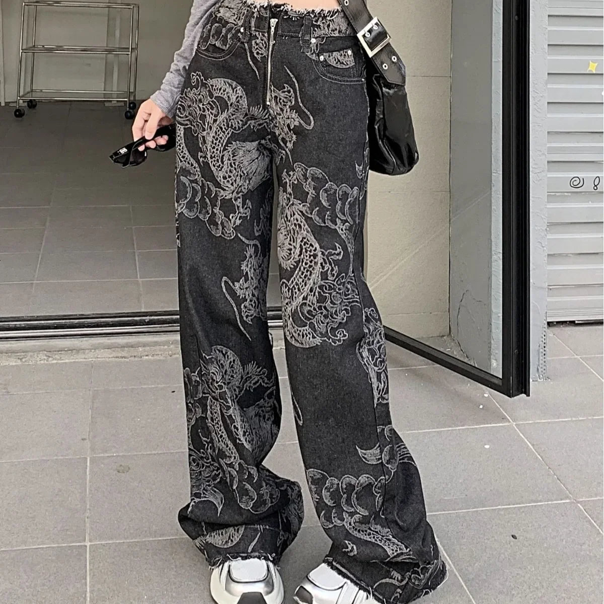 Trendy New Design Sensible Wide-Leg Jeans With Dragon Print For Men And Women Loose-Fit Slimming Harem Pants Fashionable