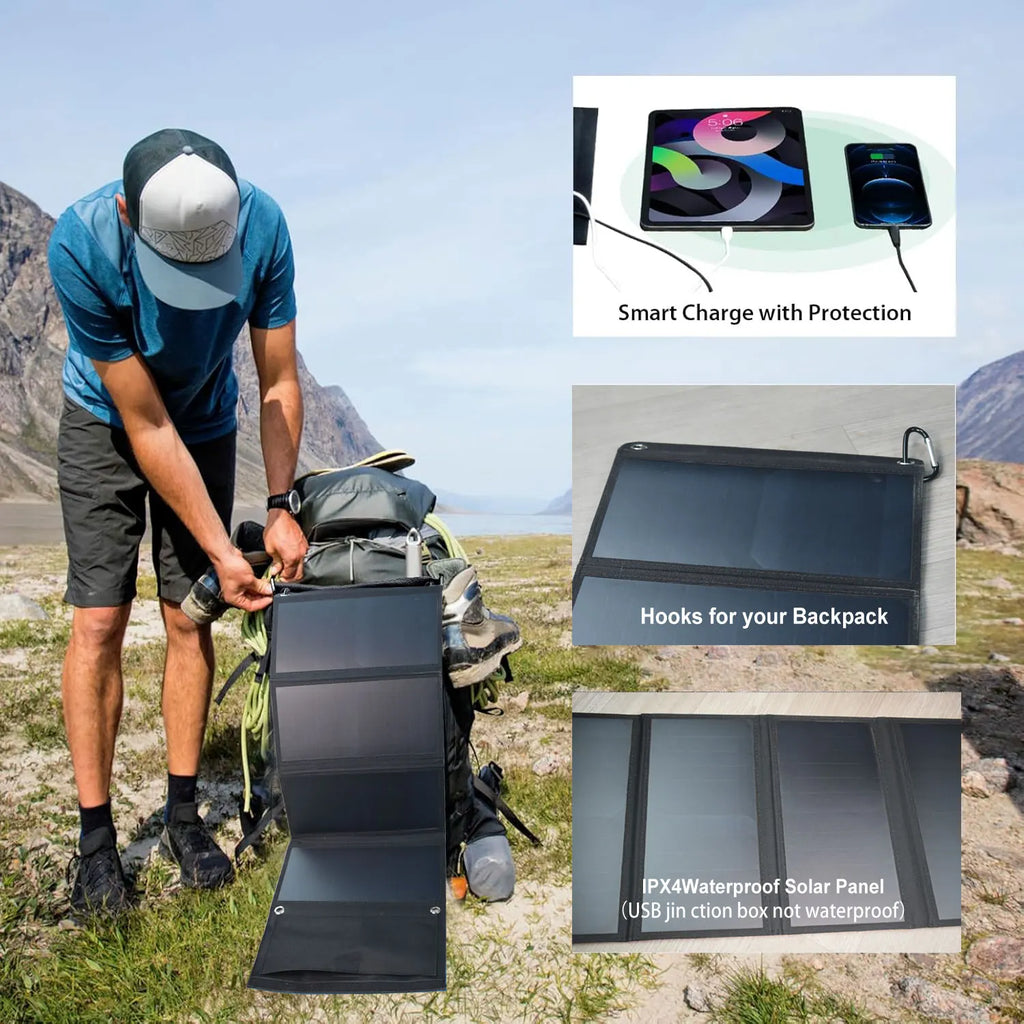 28W Foldable Solar Panel with 2 USB Port Fast Charge Waterproof Folding Solar Panel, , Ideal for Outdoor Activities, for Rec