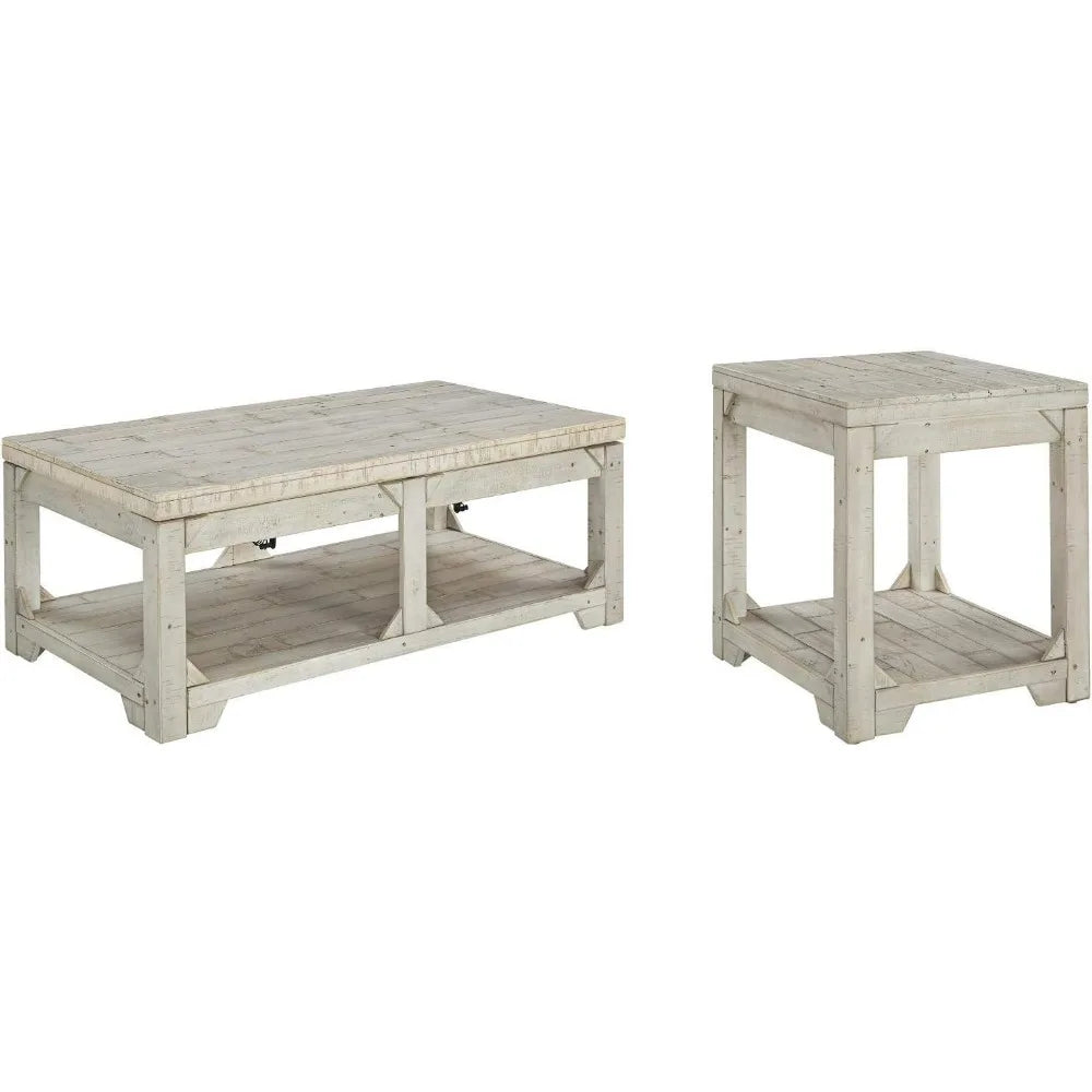 Farmhouse Style Rectangular Coffee Table with Lift Top and Floor Shelf, Whitewash Weathered Finish