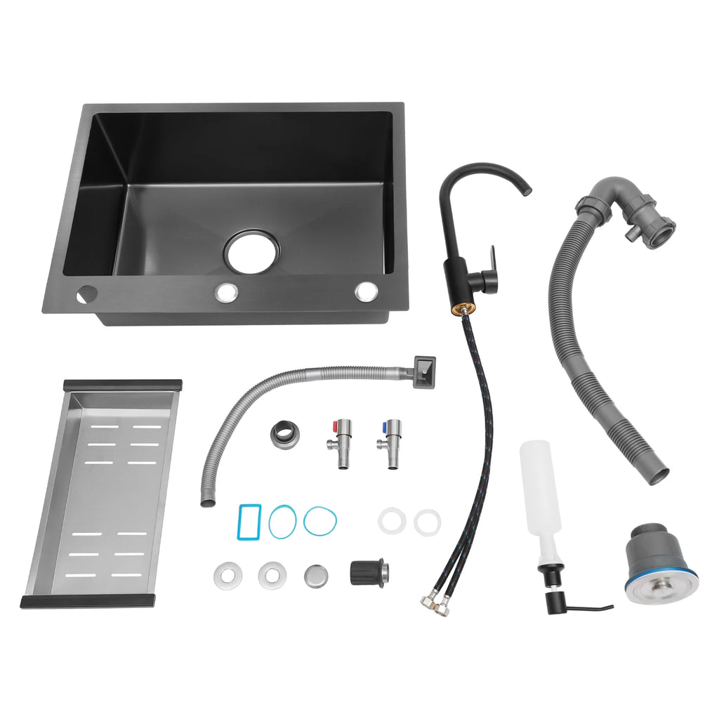 60x45cm Freestanding Stainless Steel Sink with Black Faucet Soap Dispenser Utility Kitchen Laundry Sink