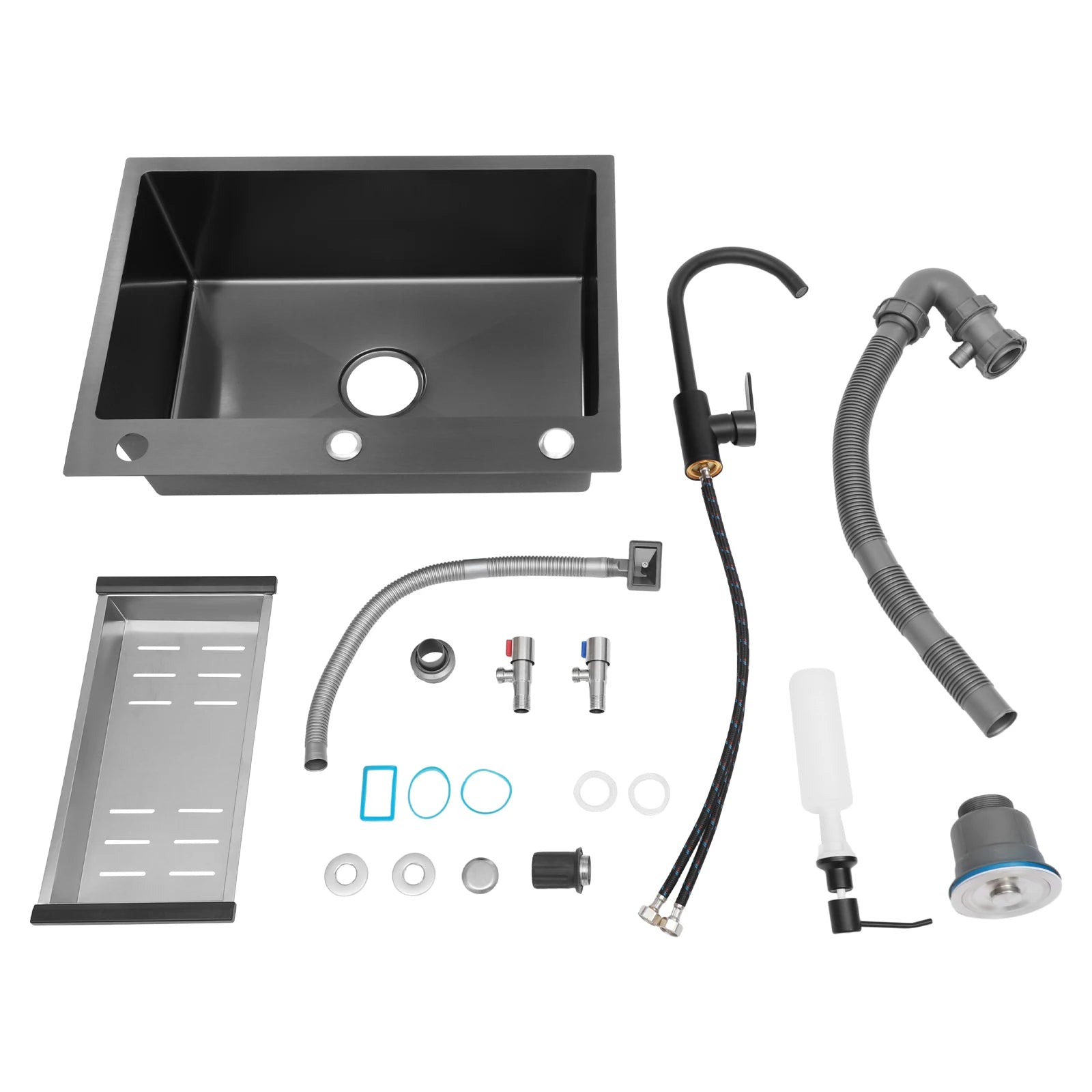 60x45cm Freestanding Stainless Steel Sink with Black Faucet Soap Dispenser Utility Kitchen Laundry Sink