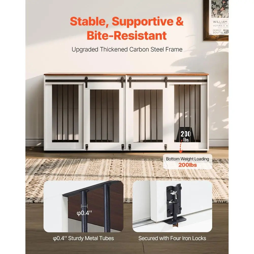 Double Dog Crate Furniture with Sliding Doors, Large TV Stand for Small to Large Dogs, White