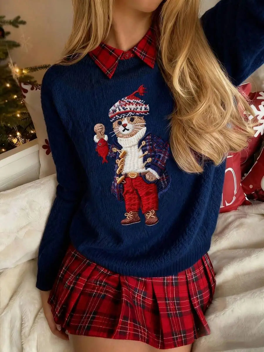 Navy Blue Collegiate Bear Print Pullover Sweater for Women, Autumn Winter Casual Style