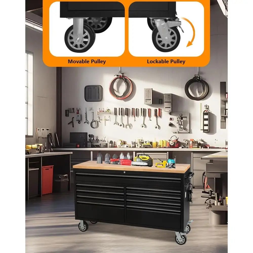 61 Rolling Tool Chest with 9 Drawers, Lockable Metal Cabinet for Workshops and Garages, Black