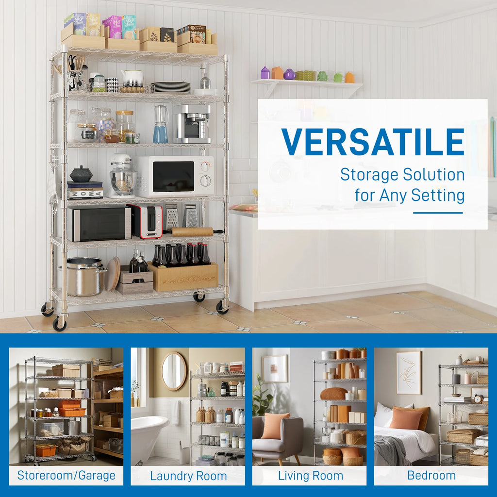 6-Tier Adjustable Metal Shelf with Wheels, Freely Adjustable Spacing, Home Storage Rack for Garage, Living Room, Bedroom