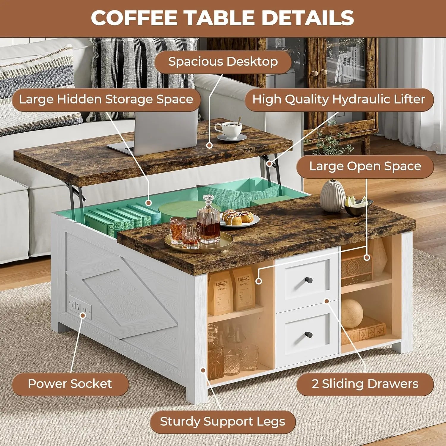 Lift Top Coffee Table with Storage Square Living Room Table with Charging Station and Drawers
