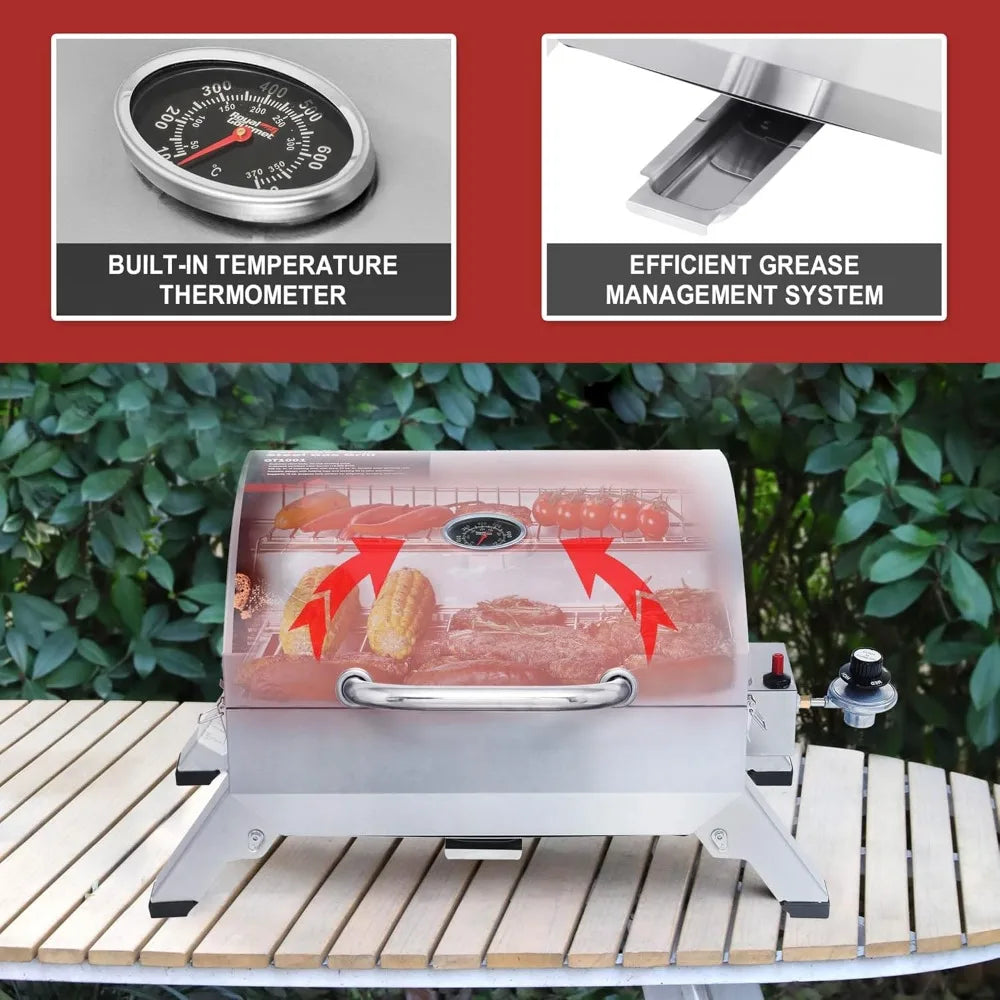 GT1001 Stainless Steel Portable Grill, 10000 BTU BBQ Tabletop Gas Grill with Folding Legs and Lockable Lid, Outdoor Camping, De
