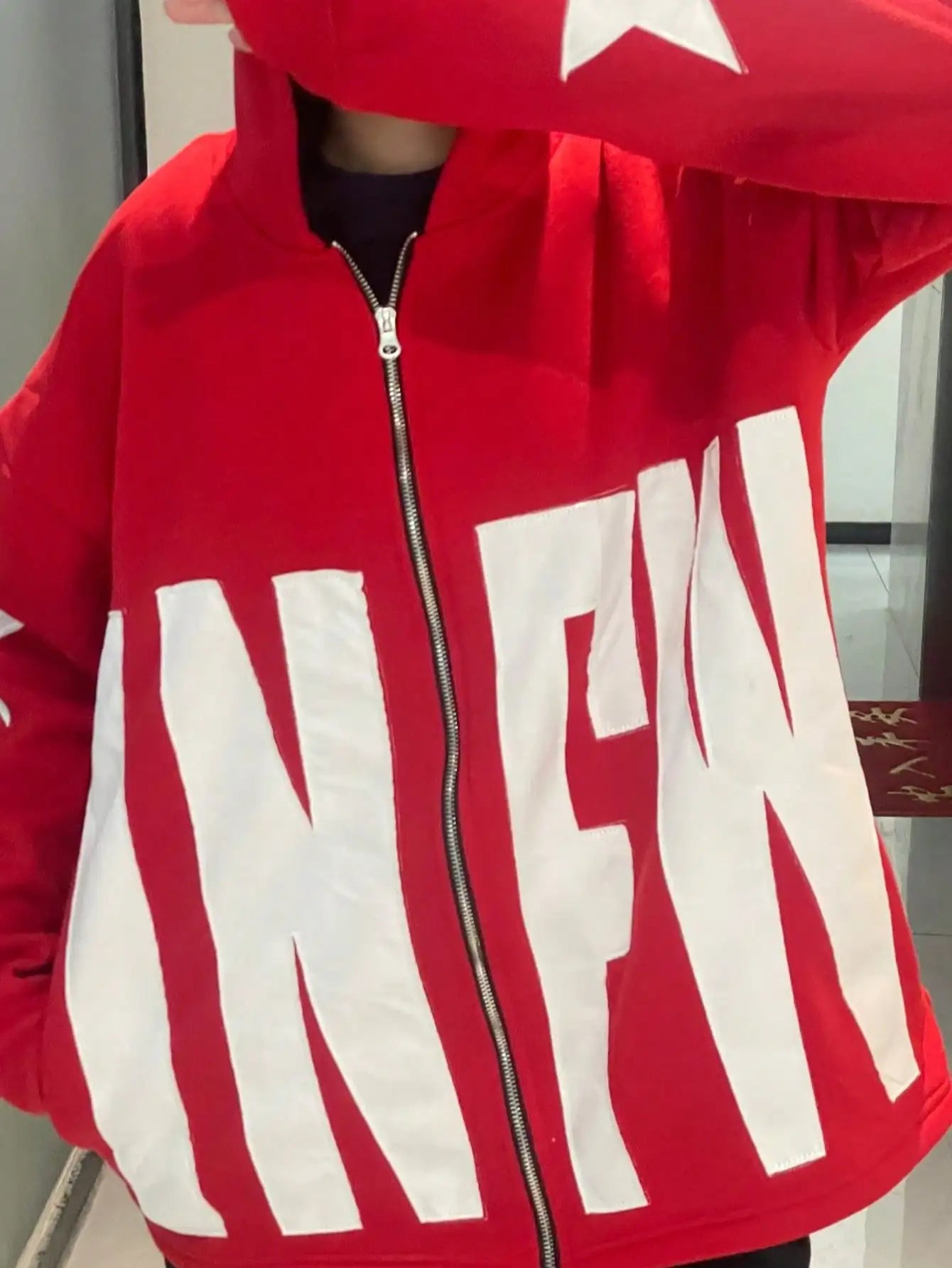 INFW fall jackets for Womens  loose fit Fleece Jacket American Retro Red zip up Hoodie Street Hip-Hop Style Jacket Unisex