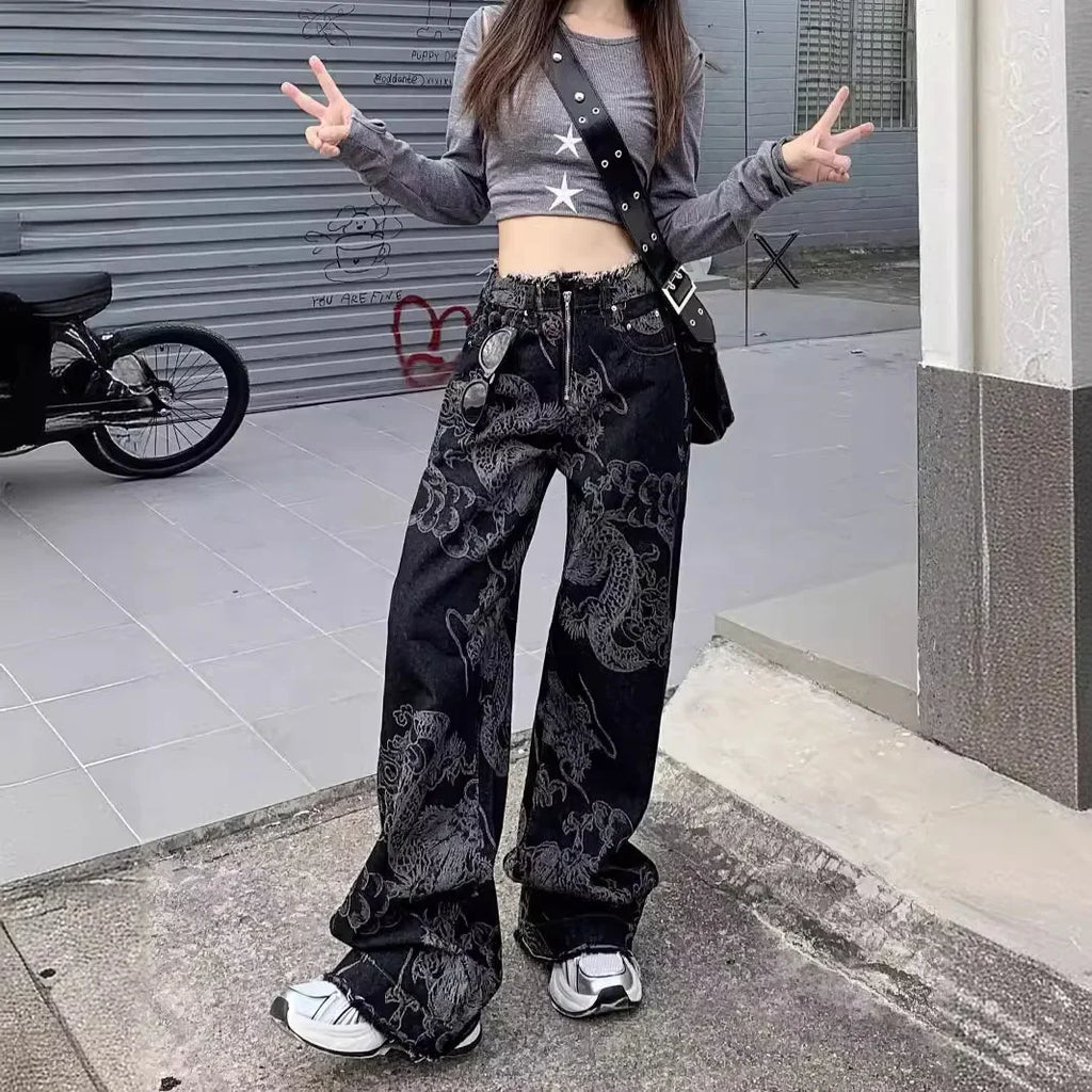 Trendy New Design Sensible Wide-Leg Jeans With Dragon Print For Men And Women Loose-Fit Slimming Harem Pants Fashionable