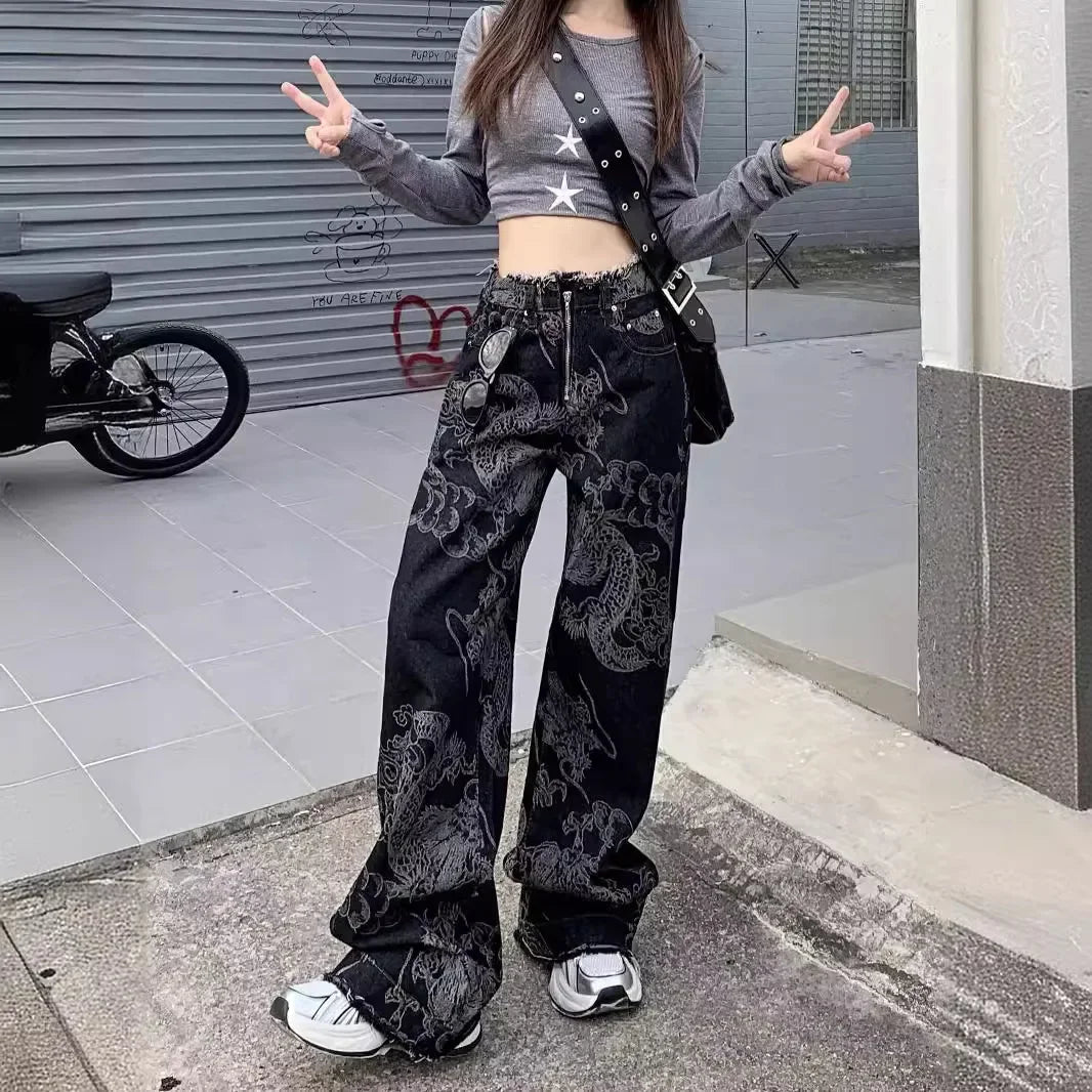 Trendy New Design Sensible Wide-Leg Jeans With Dragon Print For Men And Women Loose-Fit Slimming Harem Pants Fashionable